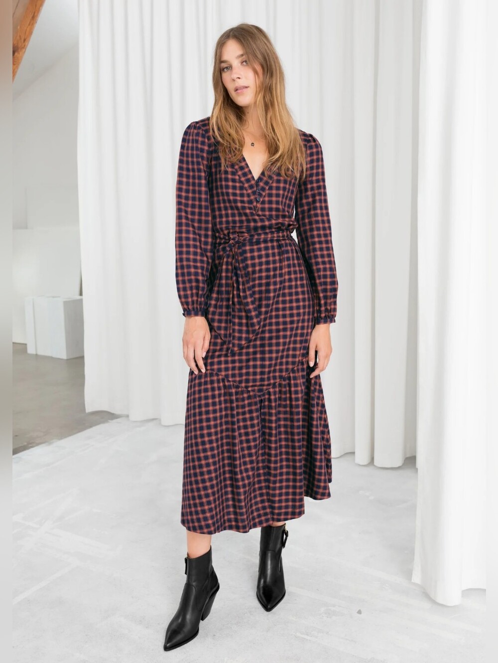 & Other Stories Los Angeles Atelier Red Navy Check Long Sleeve Maxi Dress US 2